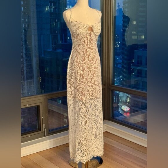 🆕 SELF-PORTRAIT 🧿 NWOT Crystal Trimmed White Fine Lace Maxi Dress, Sz US8 UK12 - Picture 6 of 16